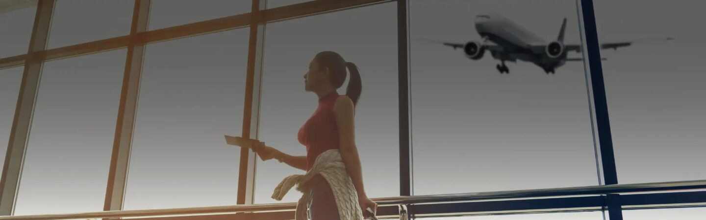 A woman at the airport with a plane in the background, holding a ticket